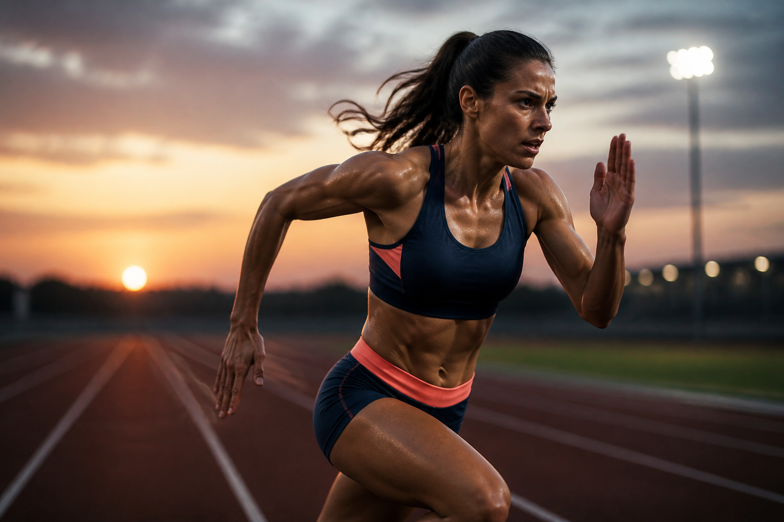 Sprinter driving forward on an outdoor track at sunrise