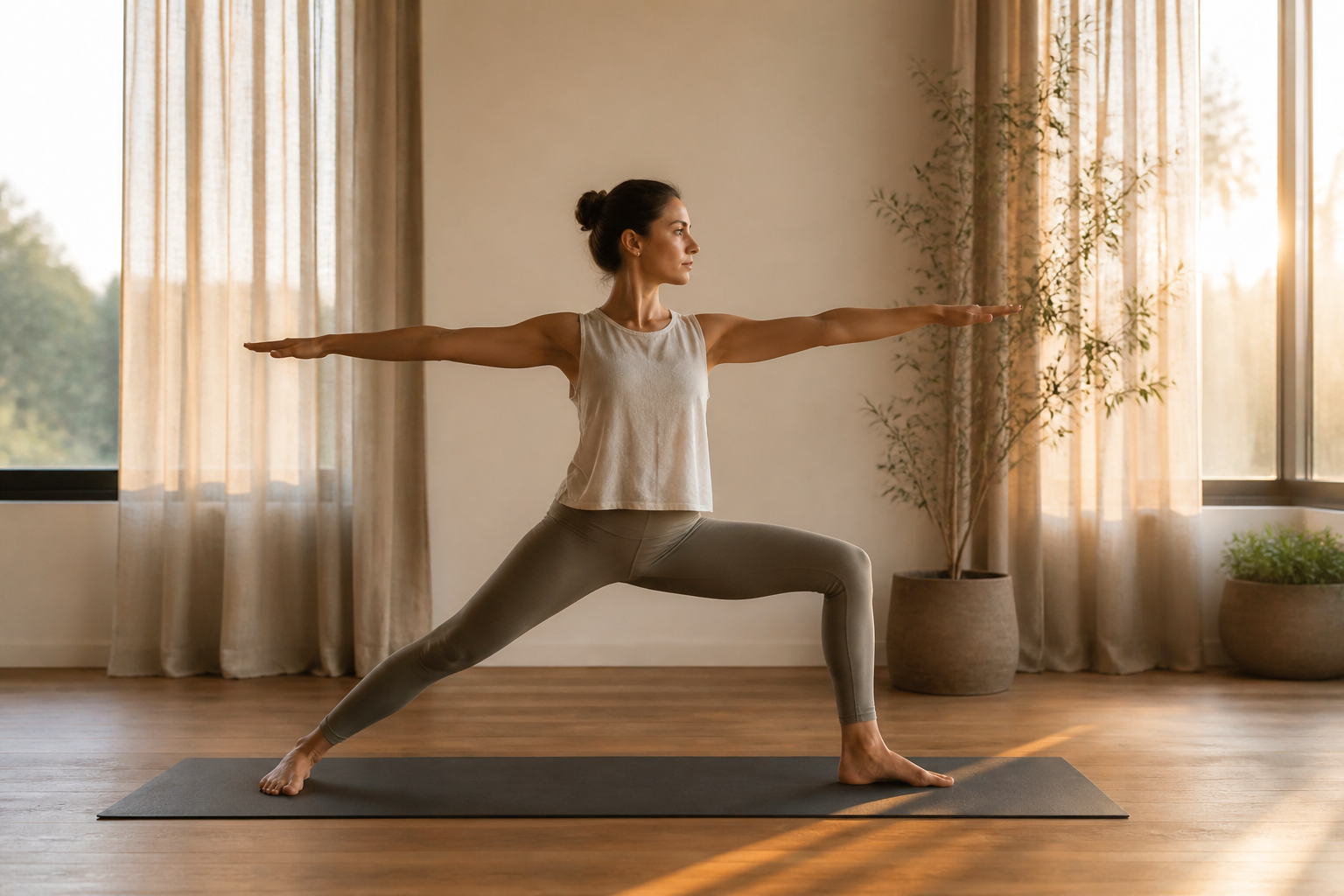 Coach holding a precise warrior yoga pose in a bright studio