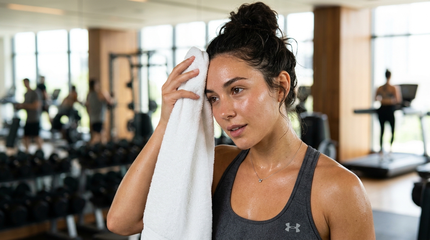 Athlete with clear glowing skin wiping sweat with clean towel