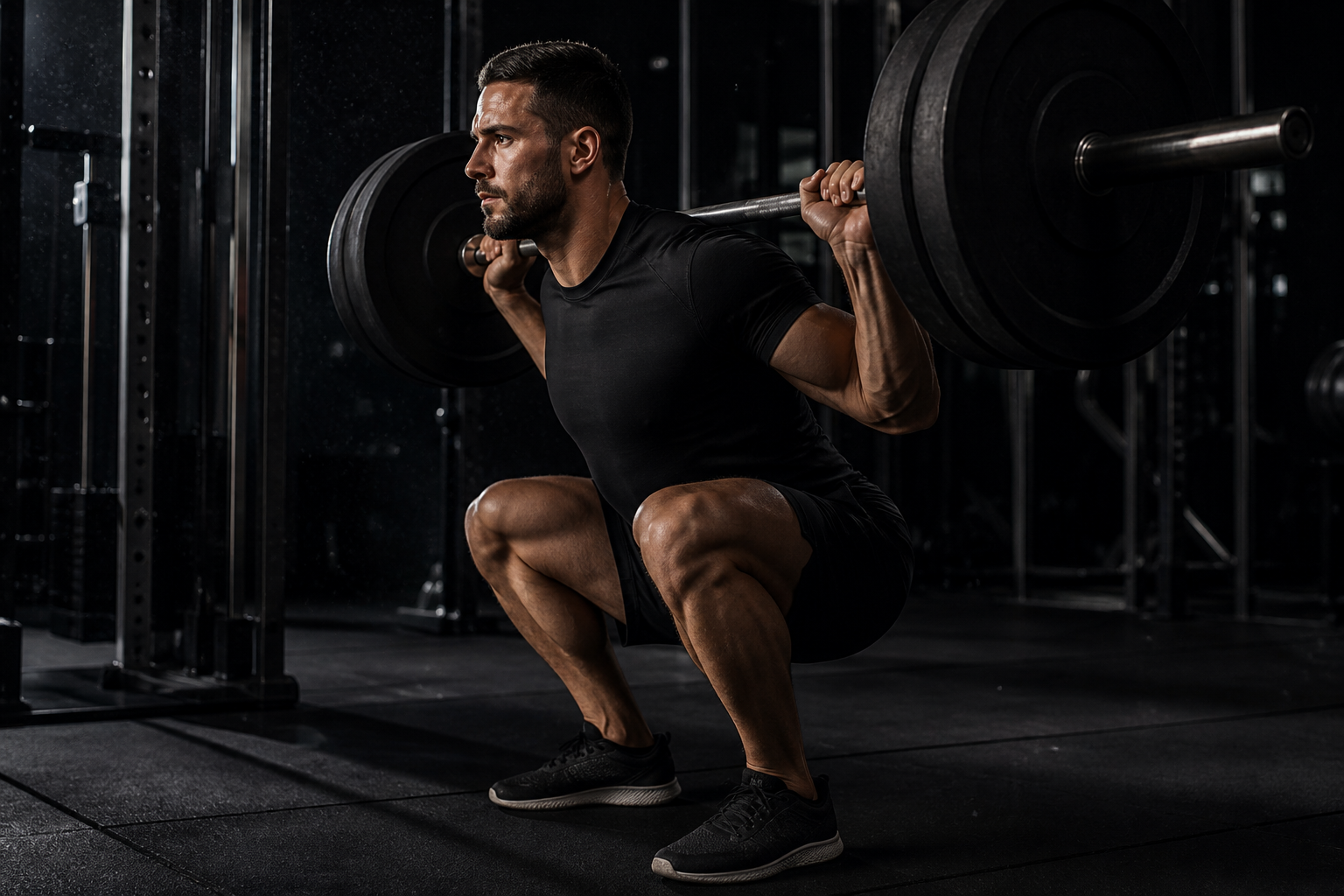 Athlete performing a deep barbell squat with solid form